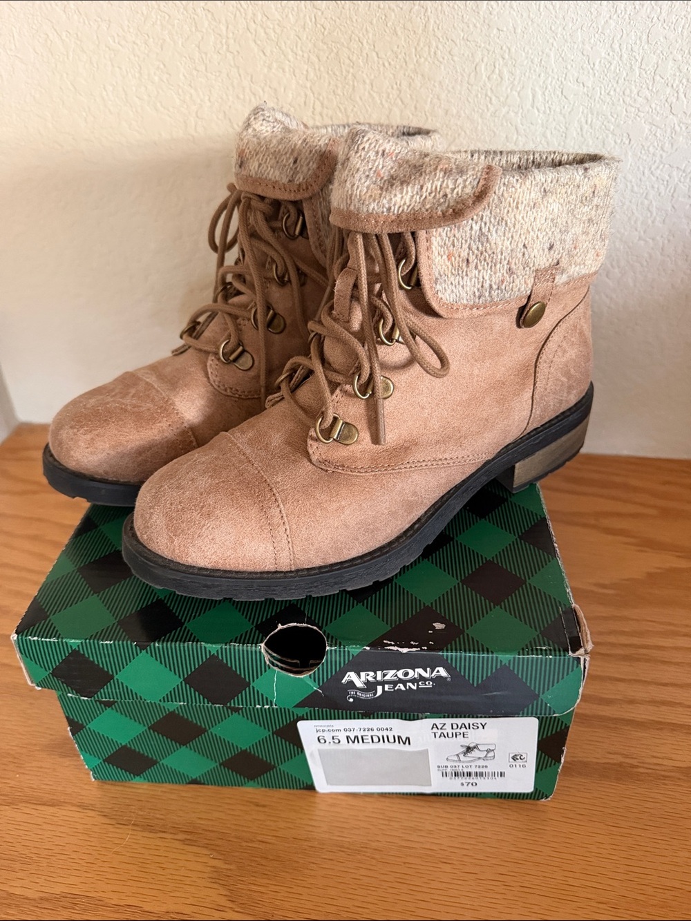 Arizona Jean Company Taupe Lace-Up Knit Cuff Ankle Boots